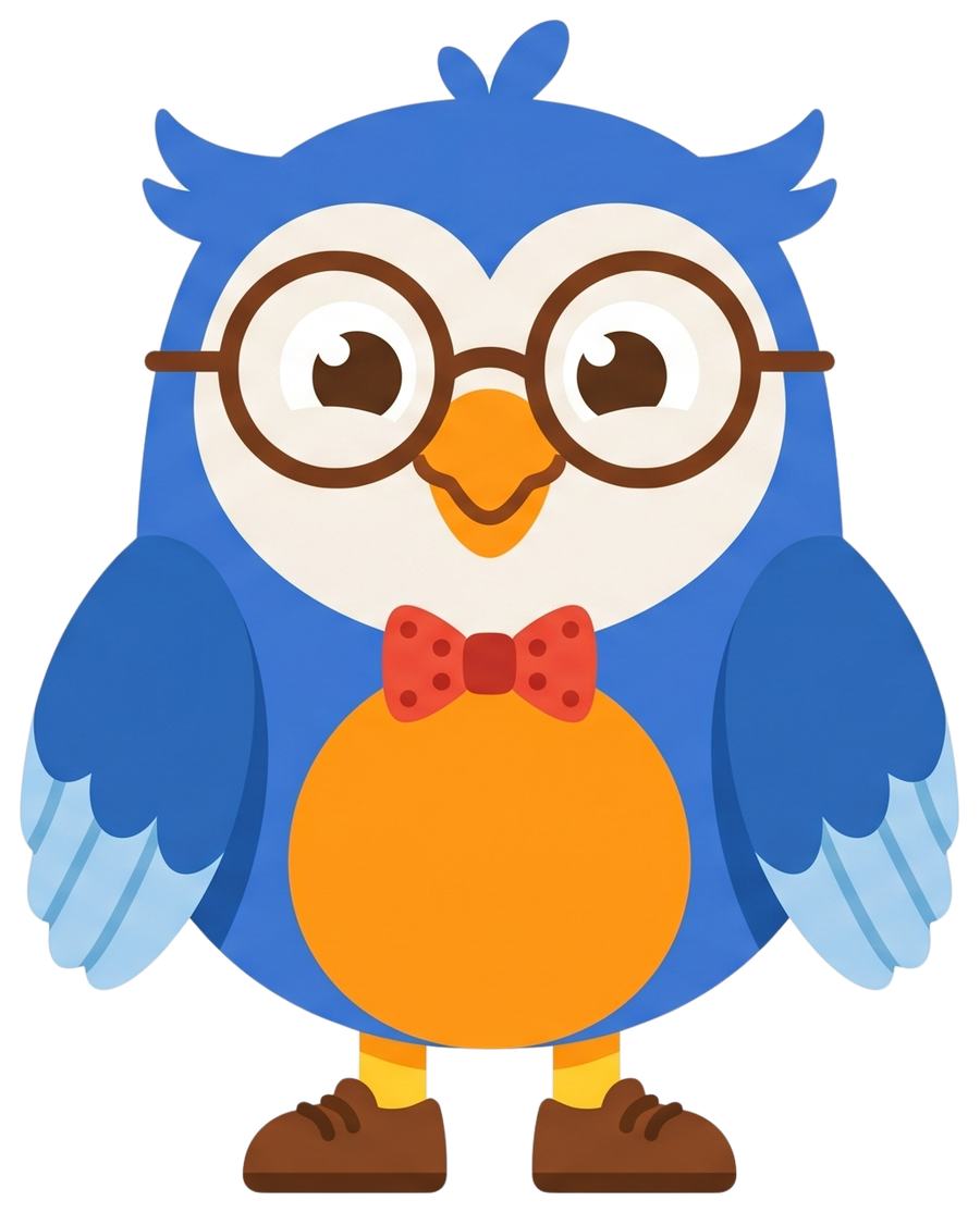 Leemo the Owl, wearing round glasses and a red bow tie